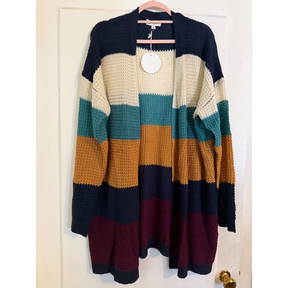 Umgee USA Womens 2XL Striped Waffle Knit Open Front Cardigan Sweater Multi-Color